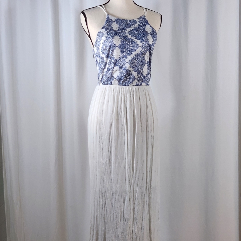 Altar'd State Blue Floral Top White Fringe Maxi Dress